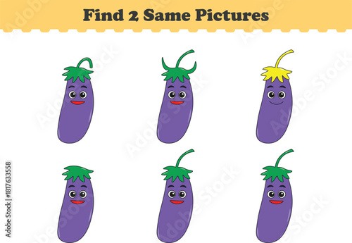 Funny cartoon fruits. Find two same pictures. Educational game for children. Cartoon vector illustration