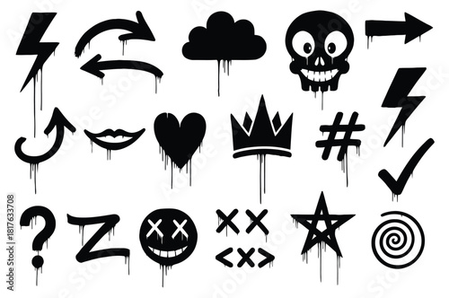 Collection of black graffiti elements with dripping paint effect for urban art and street style designs