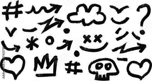 Hand drawn doodle elements set with arrows shapes symbols and faces for decoration and design
