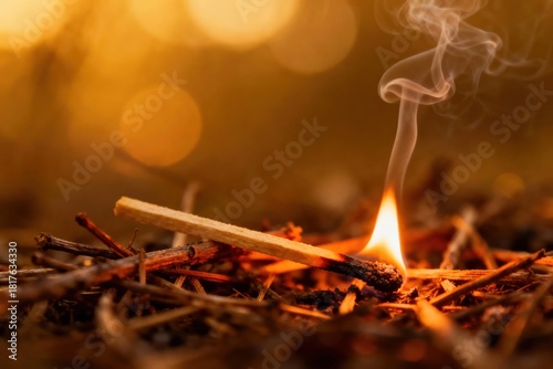 Burning Matchstick on Twigs with Smoke and Orange Background