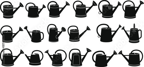 Collection of eighteen black watering can silhouettes featuring various handle and spout designs for gardening, isolated vector illustration on white background.