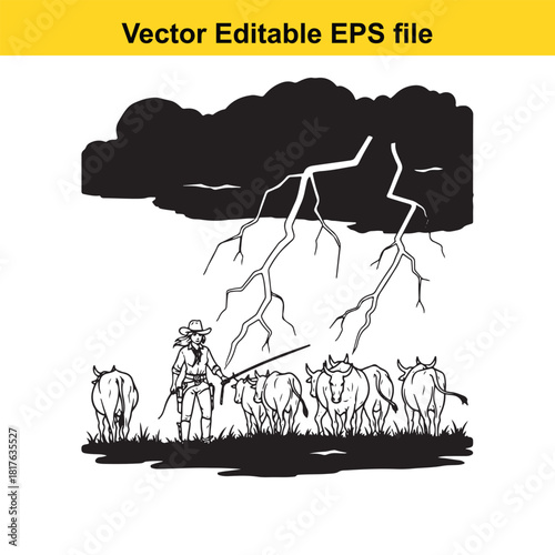 Cowboy herding cattle during a thunderstorm with lightning strikes, vector illustration