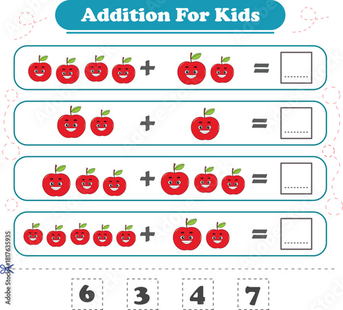 Game for children fun addition by counting fruits pictures printable worksheet vector