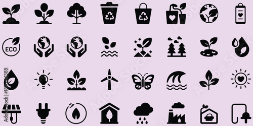 eco and sustainability icon set vector glyph pictograms of recycle, tree, solar panel, wind turbine, perfect for environmental awareness campaigns, renewable energy presentations, green technology.