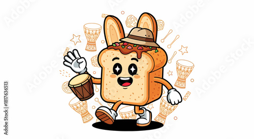Animated bread character with hat and drum walking and smiling happily.