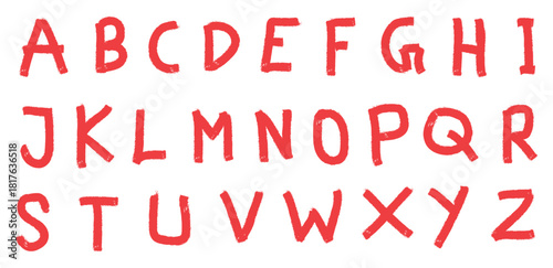 Hand drawn red alphabet letters on white background for educational or creative design projects and typography