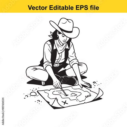 Cowgirl sitting on the ground, studying a treasure map with an x marking the spot, isolated on
