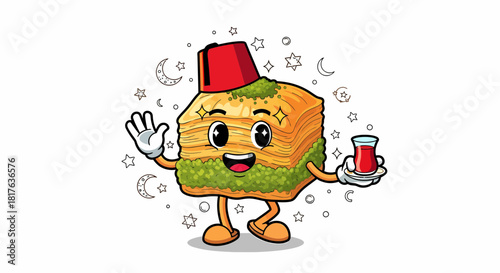 Cartoon baklava character wearing fez holding tea cup waving hand.