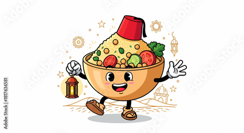 Cartoon Bowl of Food with Fez and Lantern Character.