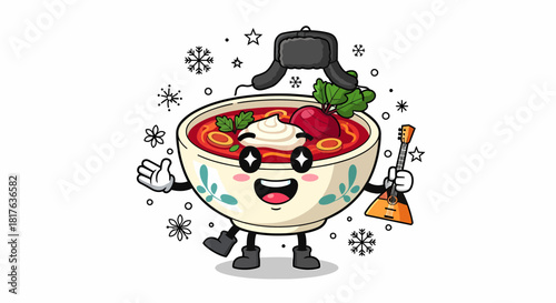 Cartoon borscht soup character with hat and balalaika in winter.
