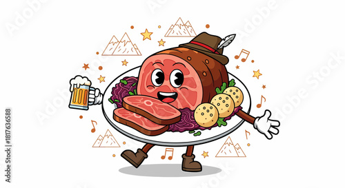 Cartoon Bavarian Pork Knuckle Character Holding a Beer Mug.