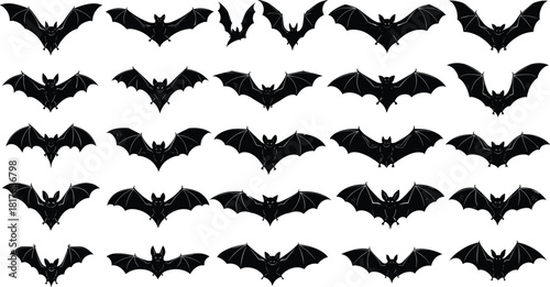 Large collection of twenty-five flying black bat silhouettes with spread wings, scary Halloween animal icons for nature design, isolated vector illustration.
