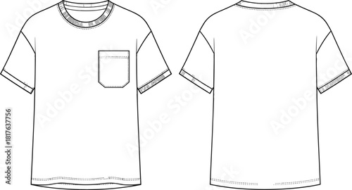 Unisex Oversized Pocket T-Shirt Fashion Flat Technical Sketch CAD Drawing Template with Contrast Pattern Ribbing on Neck and Sleeve Cuffs, Vector Illustration