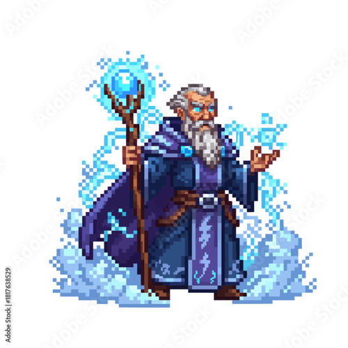 pixel art stormcaller sage emitting soothing blue healing lightning