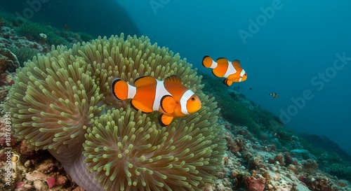 Fototapeta Naklejka Na Ścianę i Meble -  Two vibrant orange and white clownfish swimming near a large green sea anemone on a coral reef underwater.