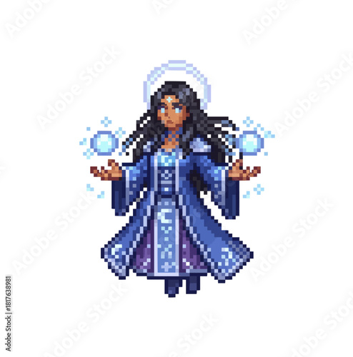 pixel art moonlit oracle healer channeling serene lunar magic