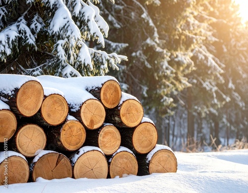 Stack of Logs Covered in Snow with Forest Background at Sunlight