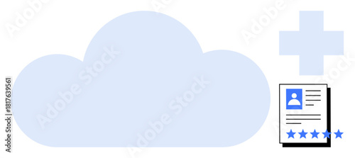 Cloud icon connected to user profile with ratings and healthcare cross, emphasizing digital storage, user data management, and medical records. Ideal for tech, healthcare, data security, cloud