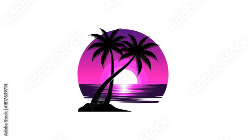 Vector illustration of silhouette of two palm trees on a small island against a vibrant pink and purple sunset over water, isolated on transparent background 