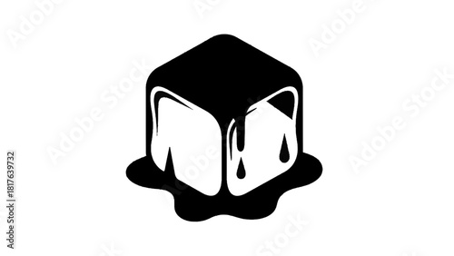 Vector illustration of melting ice cube icon in black and white, isolated on transparent background 