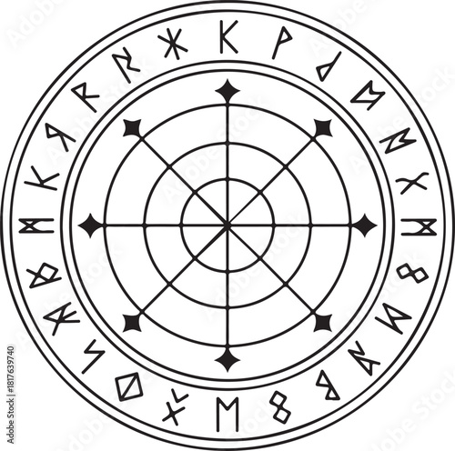 A striking black silhouette magic circle featuring intricate runic engravings and geometric celestial symbols