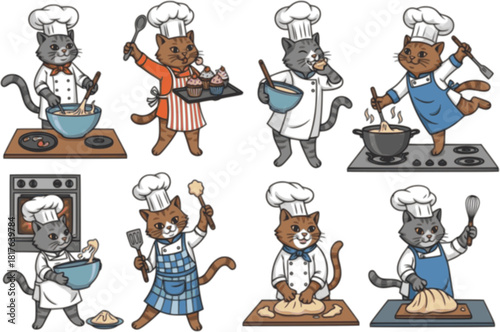 Hand-drawn cartoon cats dressed as chefs cooking and baking in kitchens, showcasing aprons, trays, cupcakes, spoons, and bowls, ideal for bakery logos, recipe books