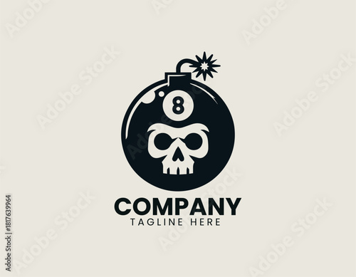 Bold black 8-ball and stylized skull face contained within a round bomb with a sparking fuse.