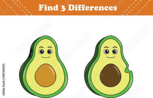 Education game for children find three differences between two fruits cartoon. Vector illustration