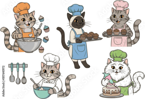 Hand-drawn cartoon cats dressed as chefs cooking and baking in kitchens, showcasing aprons, trays, cupcakes, spoons, and bowls, ideal for bakery logos, recipe books