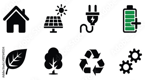 eco-friendly energy and sustainability icons set in minimalist glyph style including renewable resource pictograms for clean energy systems, perfect for ECO business marketing, environmental awareness