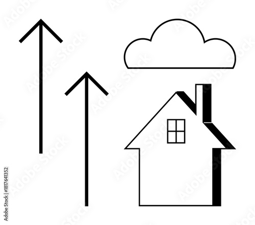 Black outline house beneath cloud with three upward arrows. Ideal for growth, real estate, development, progress, housing demand, sustainability, and upward mobility in simple flat metaphor