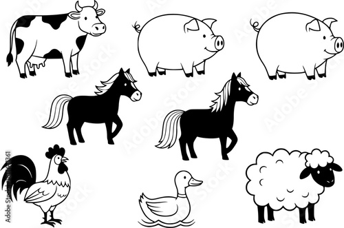 Cute hand-drawn farm animals set including cow, pig, horse, rooster, duck, and sheep in playful cartoon style, ideal for children's books, educational materials, and rural lifestyle designs.
