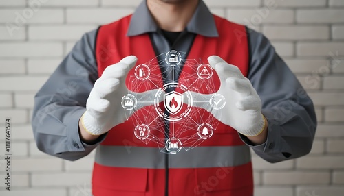 Industrial Smart Automatic Fire Control Extinguisher System. Industry engineer using virtual touchscreen pressing shield fire flame button. Modern Fires Protection Mind police officer in uniform