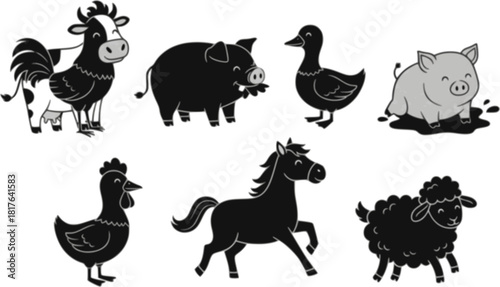 Cute hand-drawn farm animals set including cow, pig, horse, rooster, duck, and sheep in playful cartoon style, ideal for children's books, educational materials, and rural lifestyle designs.