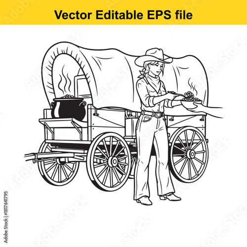 Cowboy serving food from a covered wagon, western style, isolated on