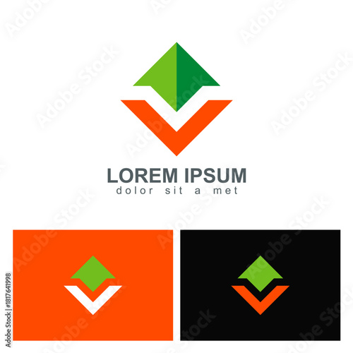 Abstract vector emblem with an upward green arrow nested inside an open orange chevron, presented in three different contexts for versatile branding applications