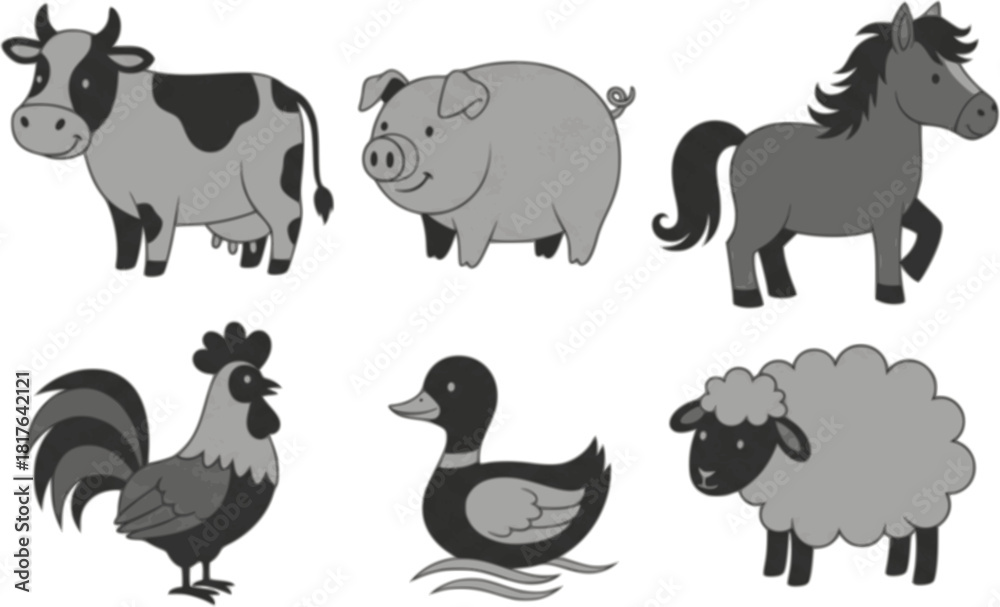 Fototapeta premium Cute hand-drawn farm animals set including cow, pig, horse, rooster, duck, and sheep in playful cartoon style, ideal for children's books, educational materials, and rural lifestyle designs.