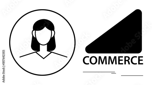 Female avatar in circle for user interface next to abstract triangle shape labeled commerce. Ideal for user interface, identity, e-commerce, branding, marketing, simplicity, connection. Simple flat