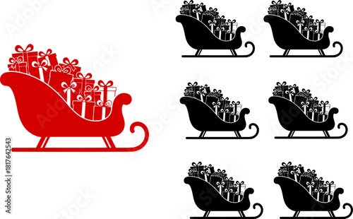 Santa's sleigh loaded with presents icon, a simple black vector silhouette of a traditional Christmas sled carrying wrapped gift boxes with bows
