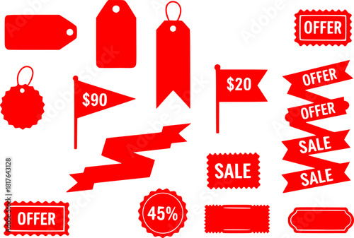 Red promo starburst sticker, tag and price labels set with crayon texture. Flags and stamps perfect for text callouts, template stickers. Adhesive offer stamps, sale banners and ribbons, coupon design