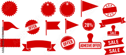Red promo starburst sticker, tag and price labels set with crayon texture. Flags and stamps perfect for text callouts, template stickers. Adhesive offer stamps, sale banners and ribbons, coupon design
