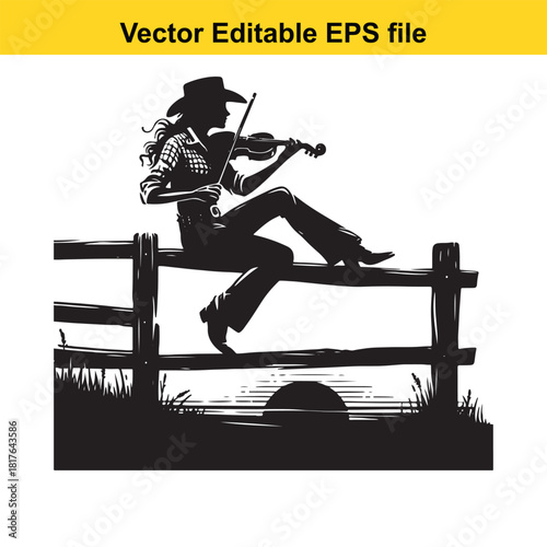Silhouette of a cowgirl playing the violin while sitting on a fence at sunset, vector illustration
