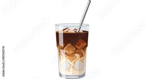 Refreshing Cold Coffee Drink with Cream Swirls and Ice in Tall Glass Metal Straw Isolated on White Background