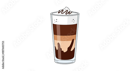 Delicious Cold Coffee Drink with Cream and Chocolate Drizzle Refreshing Beverage Illustration