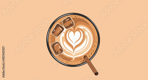 Delicious Iced Coffee with Heart Latte Art in a Clear Cup Top View Refreshing Drink for Cafes and Lifestyle