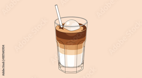 Refreshing Layered Iced Coffee Drink with Creamy Foam and Straw