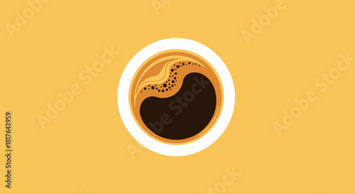 Aromatic Dark Coffee Beverage in White Cup Top View Flat Lay on Yellow Background