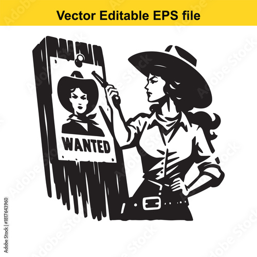 Vintage illustration of a determined woman in a cowboy hat pointing at a wanted poster, evoking the wild west era and adventure