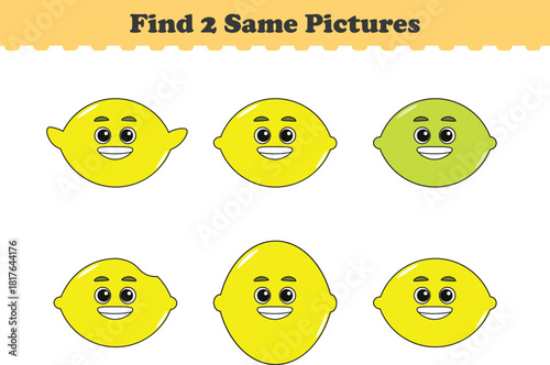 Funny cartoon fruits. Find two same pictures. Educational game for children. Cartoon vector illustration