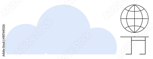 Cloud and globe placed on a desk symbolize storage, global data exchange, and remote work. Ideal for technology, teamwork, cloud services, digitalization, globalization, education office